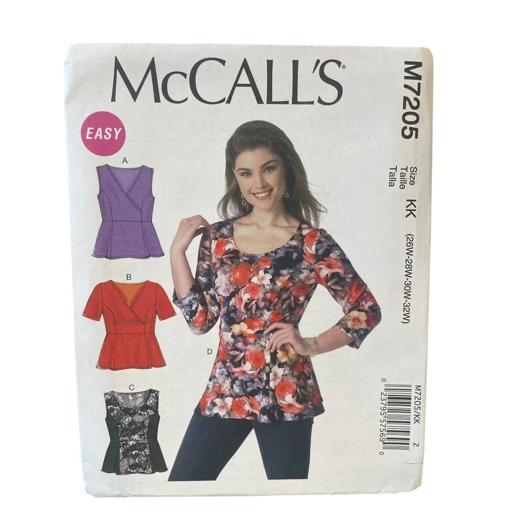 McCALL'S M7205 Women's Plus Size Peplum Top Sewing Pattern Size 26W-32W